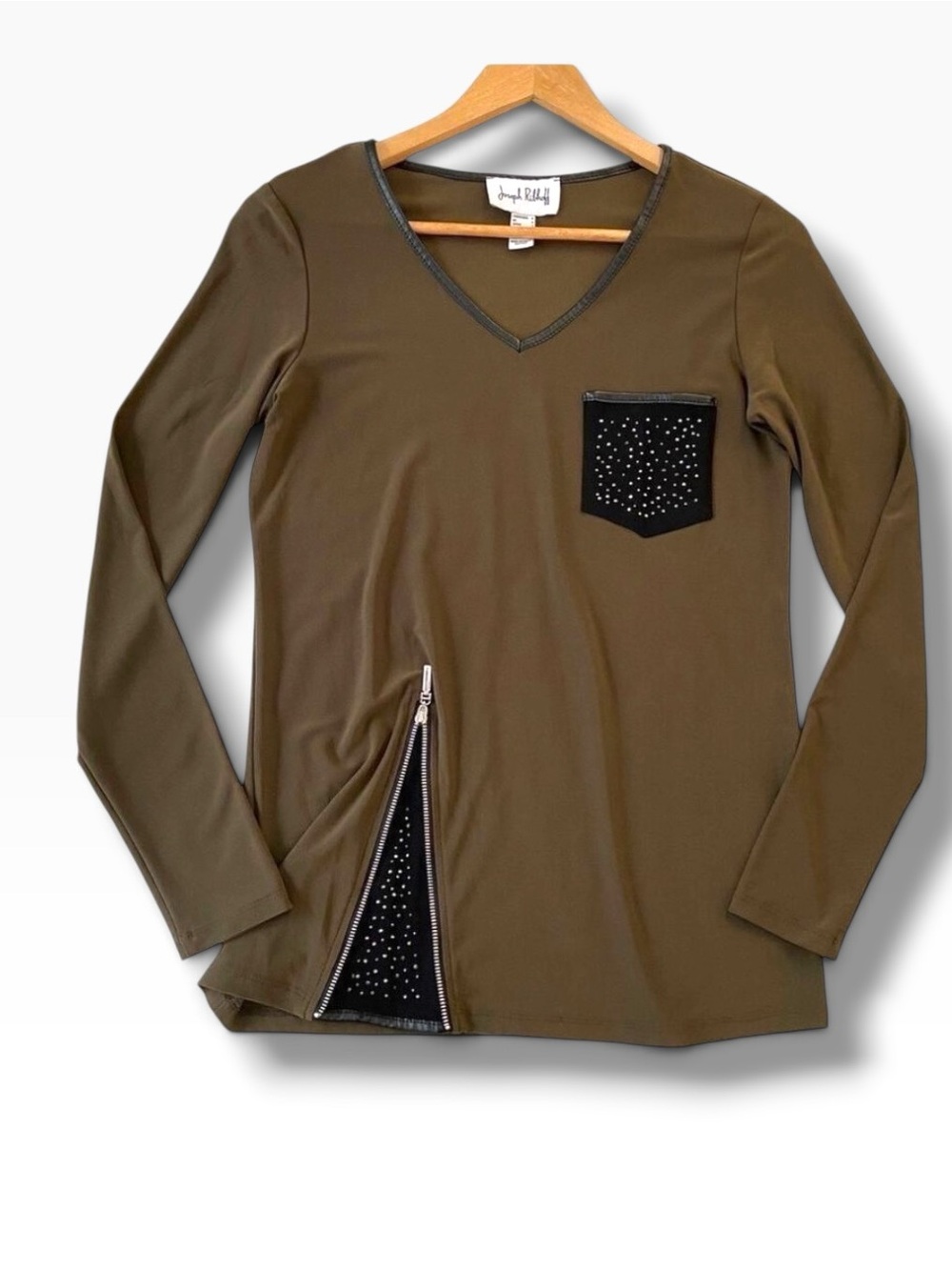 Joseph Ribkoff silky jersey top kaki brown black silver embellishment size 4